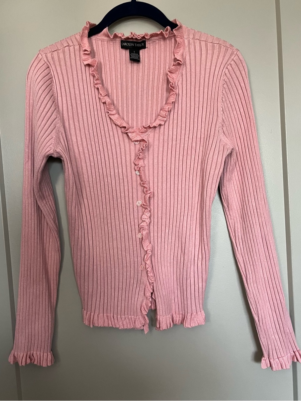 Vintage Pink Ruffle-Trim Ribbed Sweater